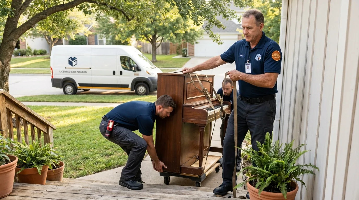 Licensed piano movers securing grand piano in Croswell, MI