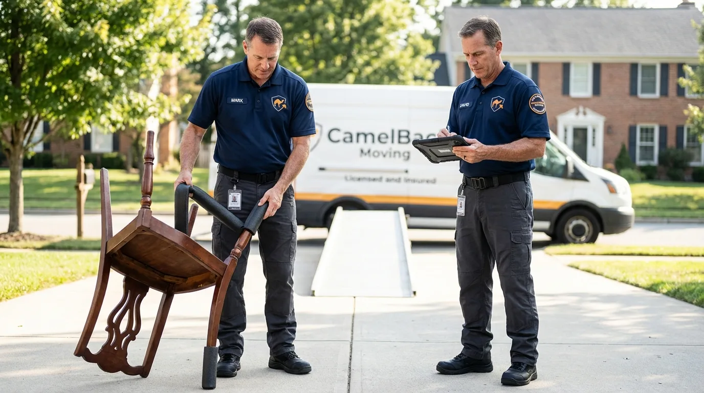 Movers inspecting furniture for damage prevention before loading in Croswell, MI
