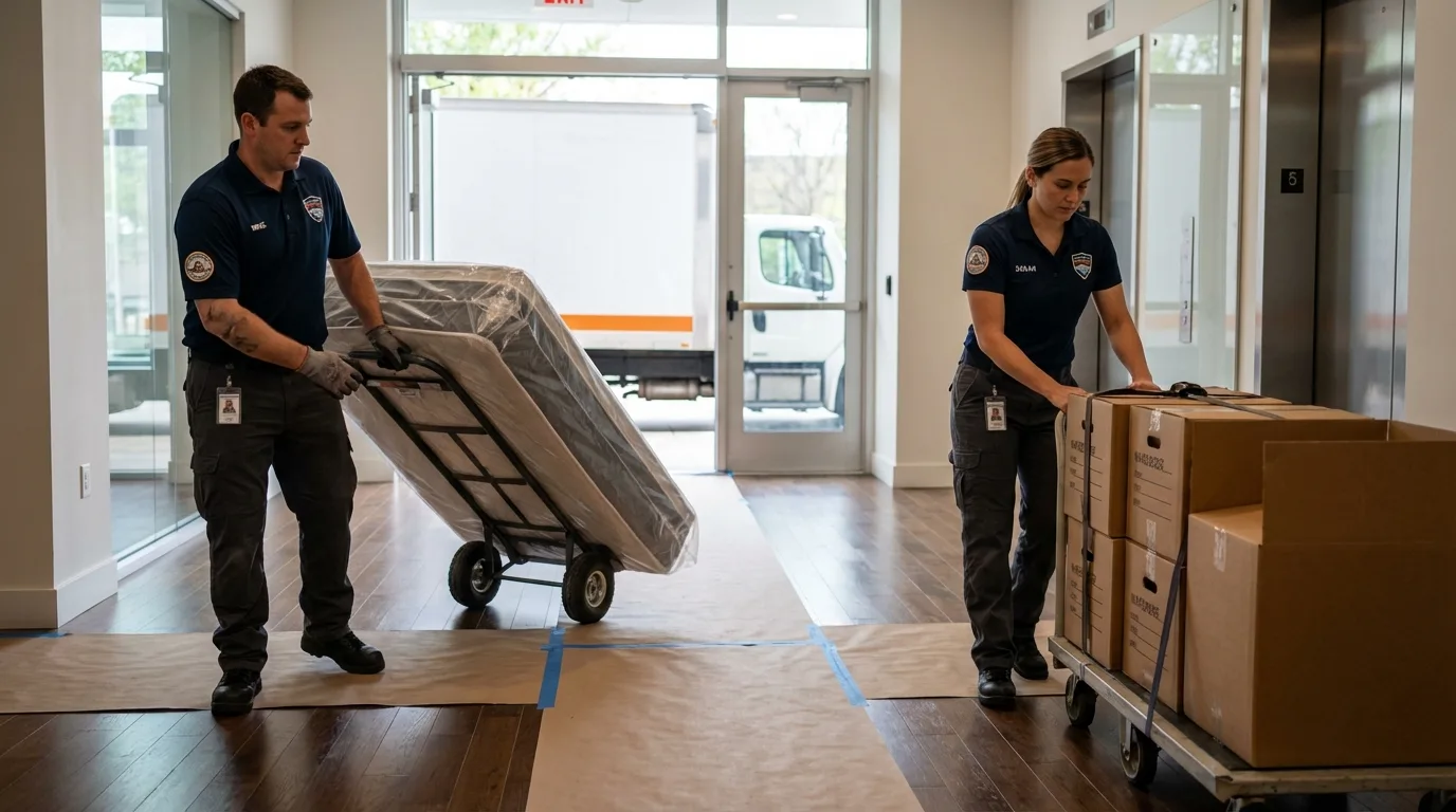 Professional apartment movers loading elevator in Croswell, MI
